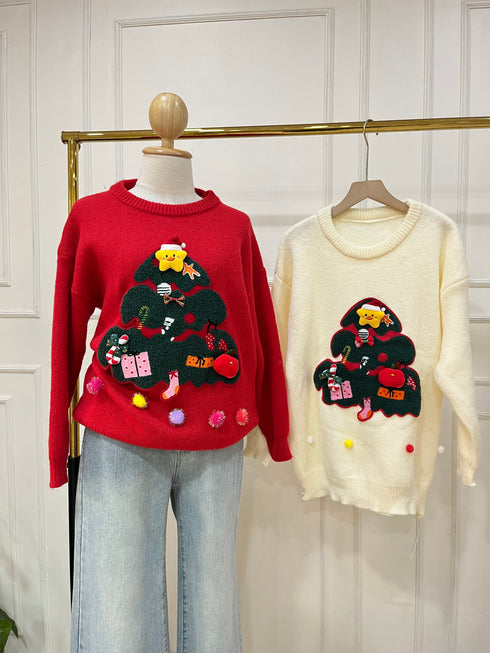 Christmas Tree Print Round Winter Pullover